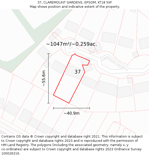 37, CLAREMOUNT GARDENS, EPSOM, KT18 5XF: Plot and title map