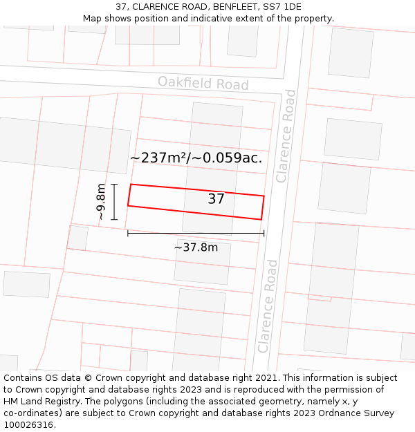 37, CLARENCE ROAD, BENFLEET, SS7 1DE: Plot and title map