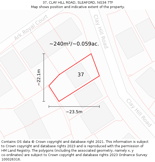 37, CLAY HILL ROAD, SLEAFORD, NG34 7TF: Plot and title map