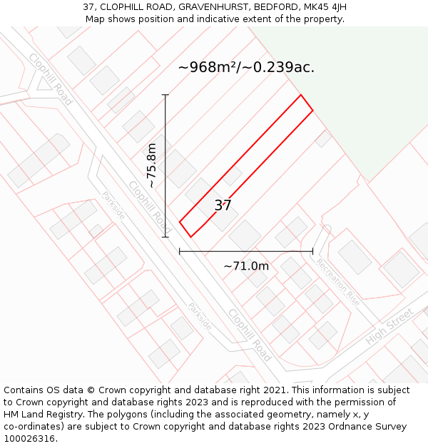 37, CLOPHILL ROAD, GRAVENHURST, BEDFORD, MK45 4JH: Plot and title map