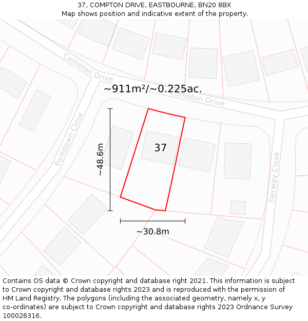 37, COMPTON DRIVE, EASTBOURNE, BN20 8BX: Plot and title map