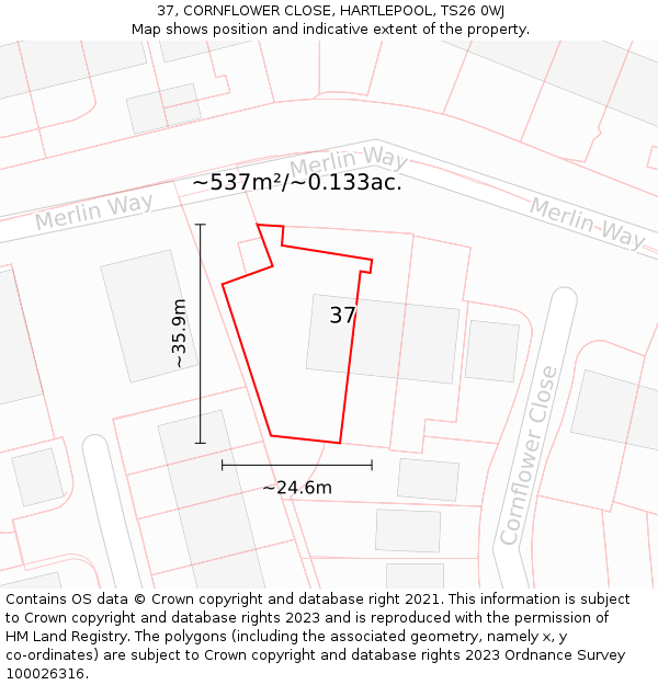 37, CORNFLOWER CLOSE, HARTLEPOOL, TS26 0WJ: Plot and title map