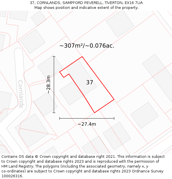 37, CORNLANDS, SAMPFORD PEVERELL, TIVERTON, EX16 7UA: Plot and title map