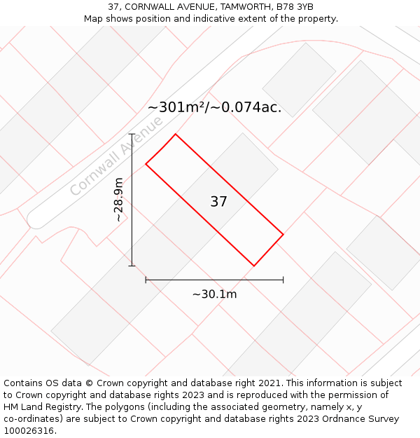 37, CORNWALL AVENUE, TAMWORTH, B78 3YB: Plot and title map