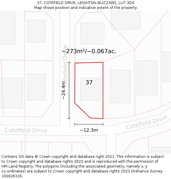 37, COTEFIELD DRIVE, LEIGHTON BUZZARD, LU7 3DS: Plot and title map