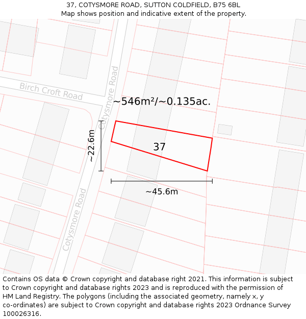 37, COTYSMORE ROAD, SUTTON COLDFIELD, B75 6BL: Plot and title map