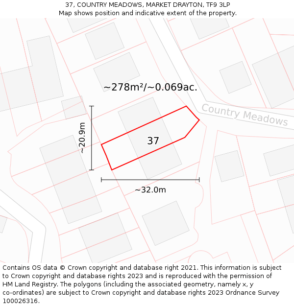 37, COUNTRY MEADOWS, MARKET DRAYTON, TF9 3LP: Plot and title map