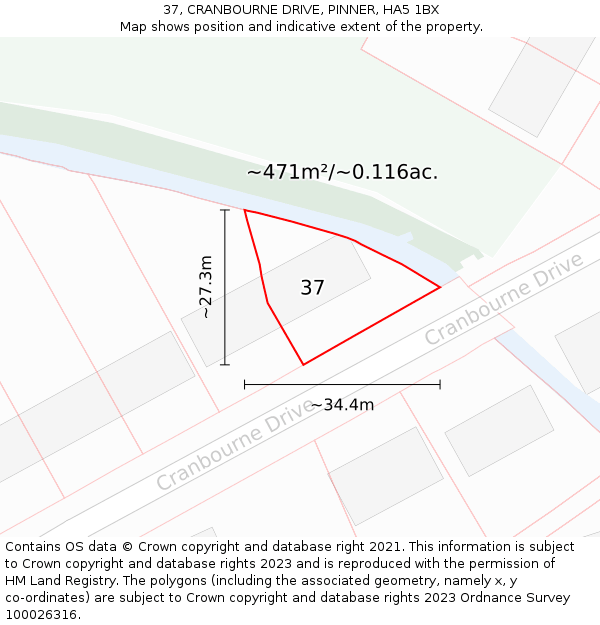 37, CRANBOURNE DRIVE, PINNER, HA5 1BX: Plot and title map