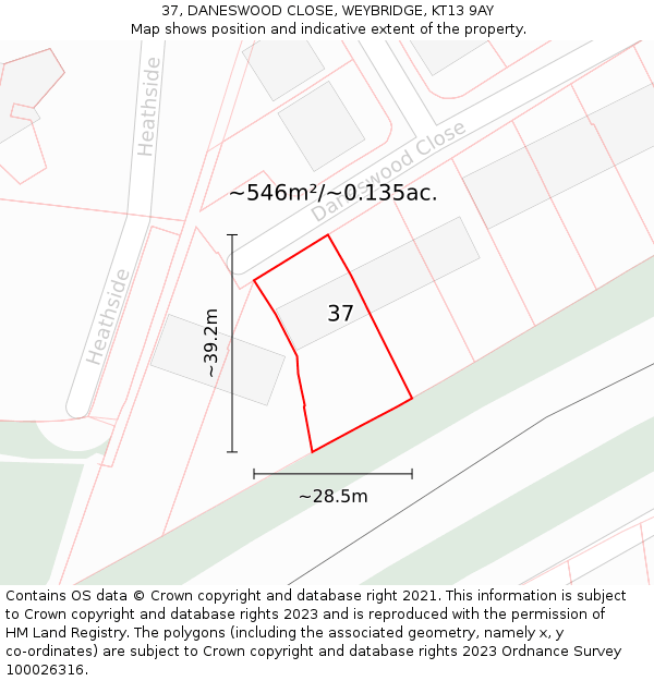 37, DANESWOOD CLOSE, WEYBRIDGE, KT13 9AY: Plot and title map