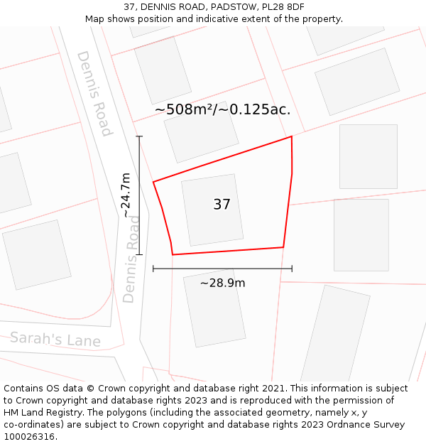 37, DENNIS ROAD, PADSTOW, PL28 8DF: Plot and title map