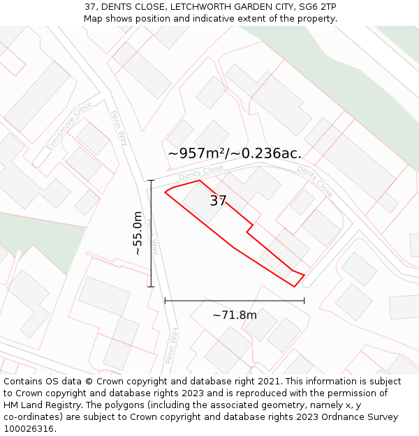 37, DENTS CLOSE, LETCHWORTH GARDEN CITY, SG6 2TP: Plot and title map