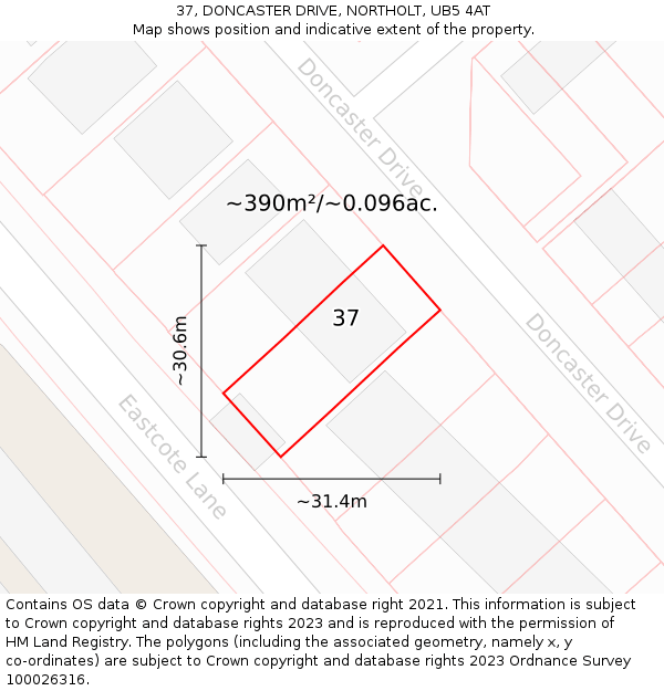 37, DONCASTER DRIVE, NORTHOLT, UB5 4AT: Plot and title map