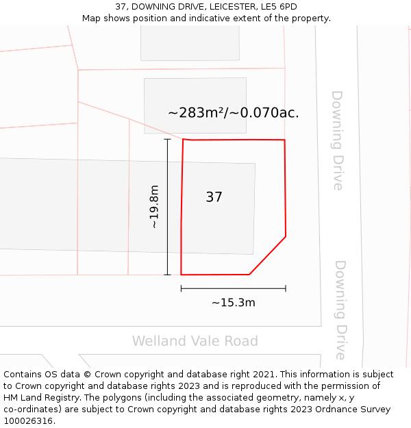 37, DOWNING DRIVE, LEICESTER, LE5 6PD: Plot and title map