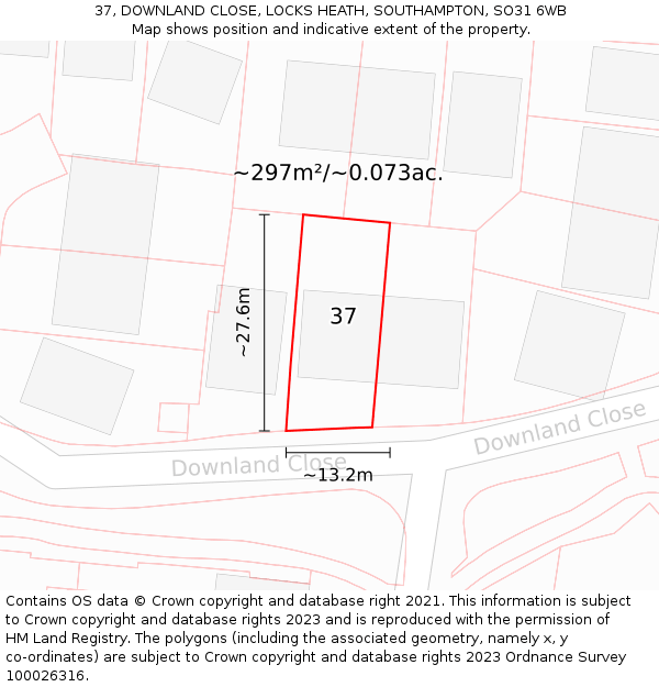 37, DOWNLAND CLOSE, LOCKS HEATH, SOUTHAMPTON, SO31 6WB: Plot and title map