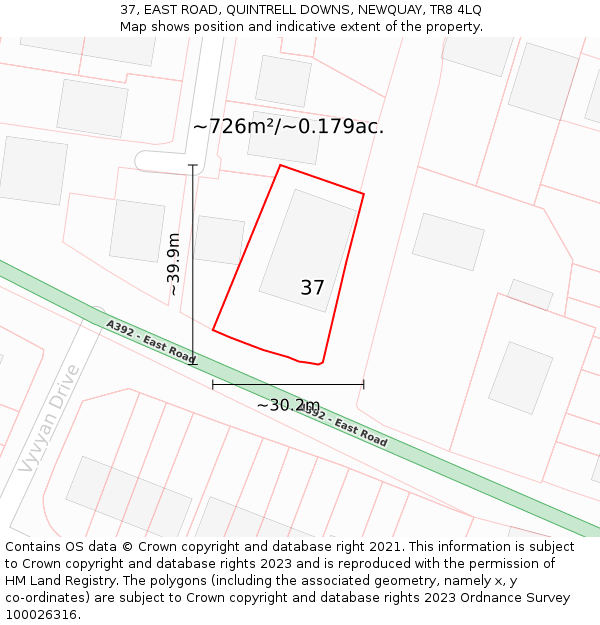 37, EAST ROAD, QUINTRELL DOWNS, NEWQUAY, TR8 4LQ: Plot and title map