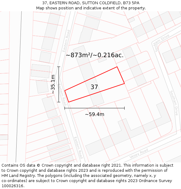 37, EASTERN ROAD, SUTTON COLDFIELD, B73 5PA: Plot and title map