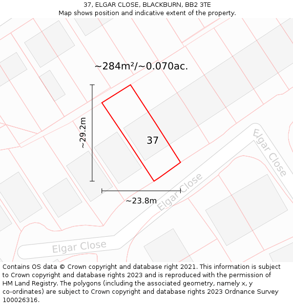 37, ELGAR CLOSE, BLACKBURN, BB2 3TE: Plot and title map