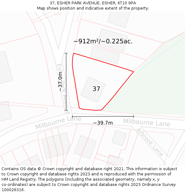 37, ESHER PARK AVENUE, ESHER, KT10 9PA: Plot and title map