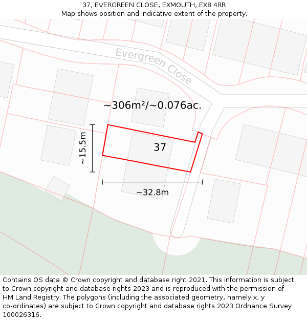 37, EVERGREEN CLOSE, EXMOUTH, EX8 4RR: Plot and title map