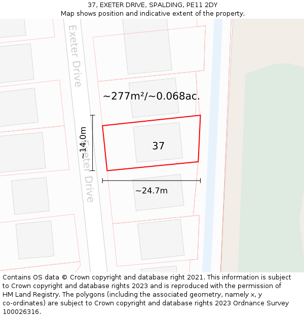 37, EXETER DRIVE, SPALDING, PE11 2DY: Plot and title map