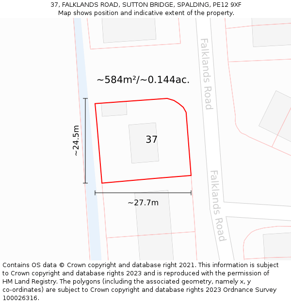 37, FALKLANDS ROAD, SUTTON BRIDGE, SPALDING, PE12 9XF: Plot and title map