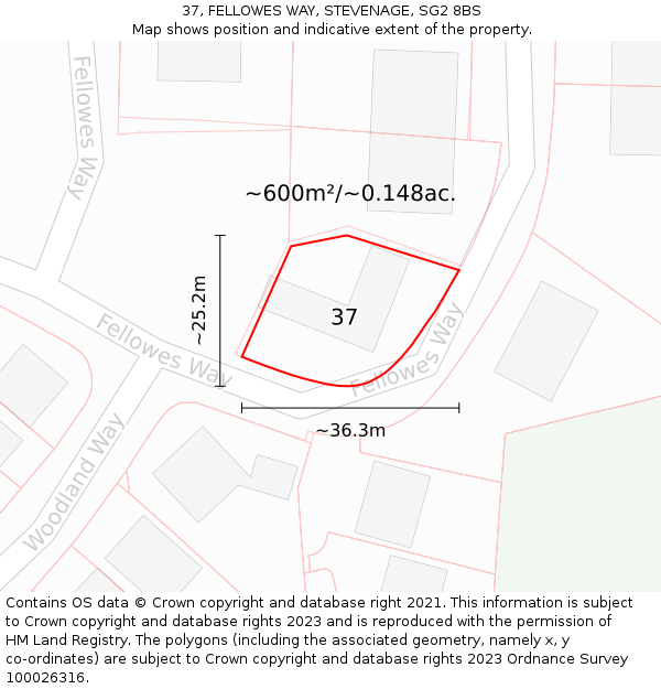 37, FELLOWES WAY, STEVENAGE, SG2 8BS: Plot and title map