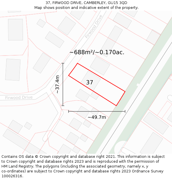 37, FIRWOOD DRIVE, CAMBERLEY, GU15 3QD: Plot and title map