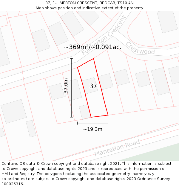 37, FULMERTON CRESCENT, REDCAR, TS10 4NJ: Plot and title map