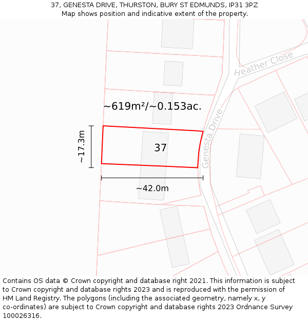 37, GENESTA DRIVE, THURSTON, BURY ST EDMUNDS, IP31 3PZ: Plot and title map