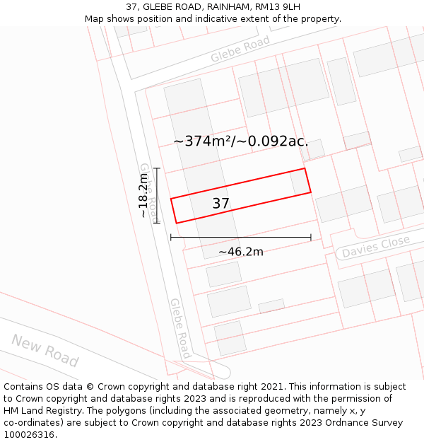 37, GLEBE ROAD, RAINHAM, RM13 9LH: Plot and title map