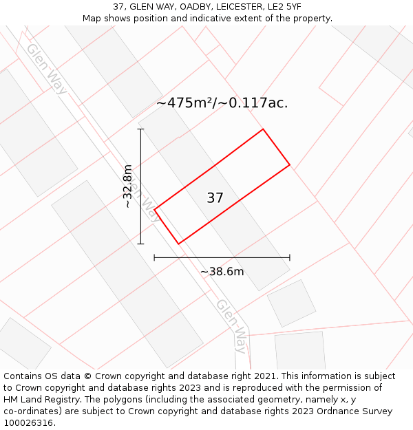 37, GLEN WAY, OADBY, LEICESTER, LE2 5YF: Plot and title map