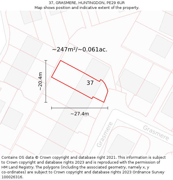 37, GRASMERE, HUNTINGDON, PE29 6UR: Plot and title map