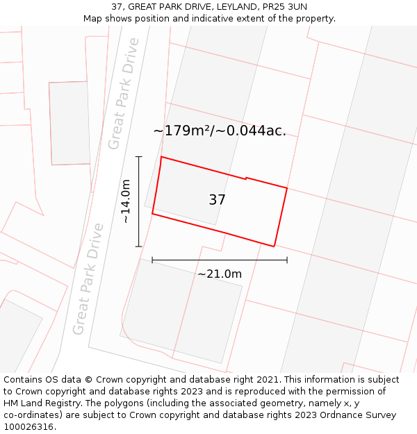 37, GREAT PARK DRIVE, LEYLAND, PR25 3UN: Plot and title map