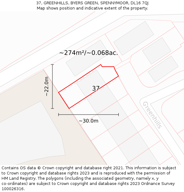 37, GREENHILLS, BYERS GREEN, SPENNYMOOR, DL16 7QJ: Plot and title map