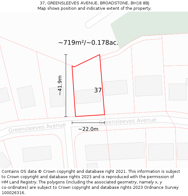 37, GREENSLEEVES AVENUE, BROADSTONE, BH18 8BJ: Plot and title map