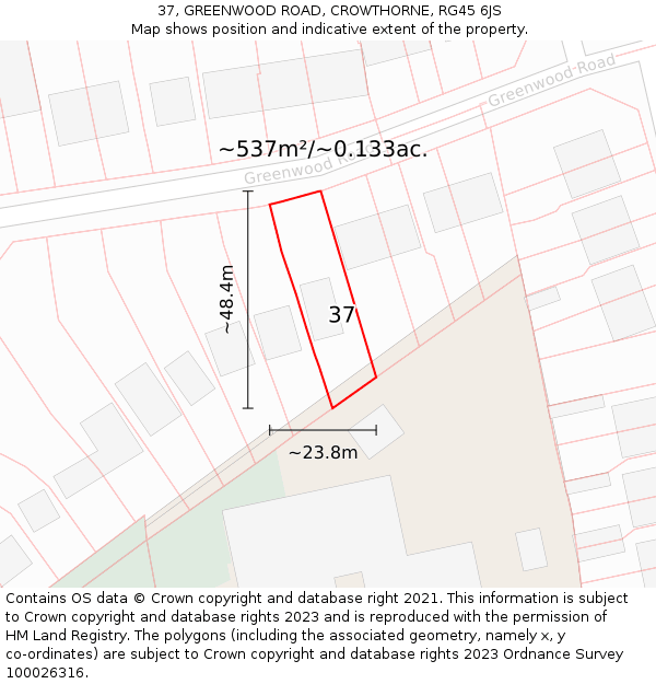 37, GREENWOOD ROAD, CROWTHORNE, RG45 6JS: Plot and title map