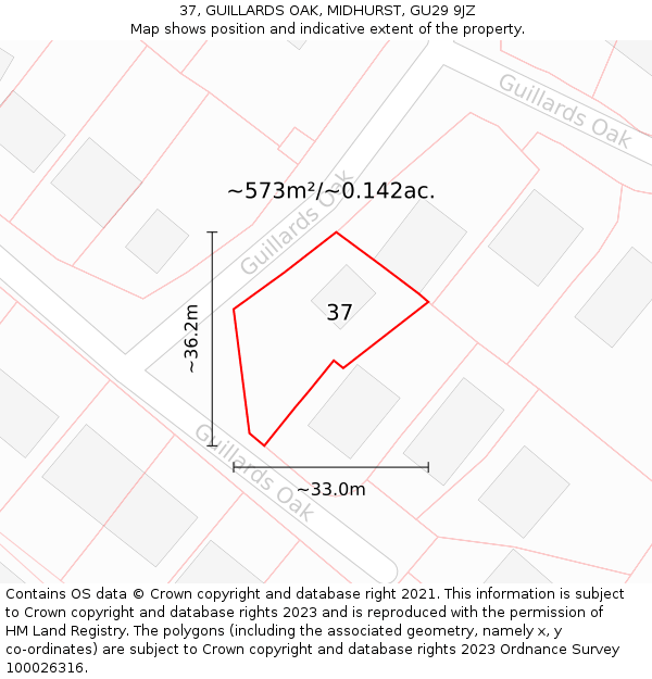 37, GUILLARDS OAK, MIDHURST, GU29 9JZ: Plot and title map