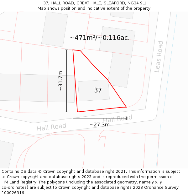 37, HALL ROAD, GREAT HALE, SLEAFORD, NG34 9LJ: Plot and title map