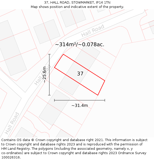 37, HALL ROAD, STOWMARKET, IP14 1TN: Plot and title map