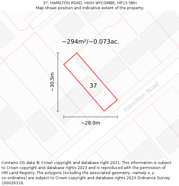 37, HAMILTON ROAD, HIGH WYCOMBE, HP13 5BH: Plot and title map