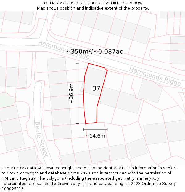 37, HAMMONDS RIDGE, BURGESS HILL, RH15 9QW: Plot and title map