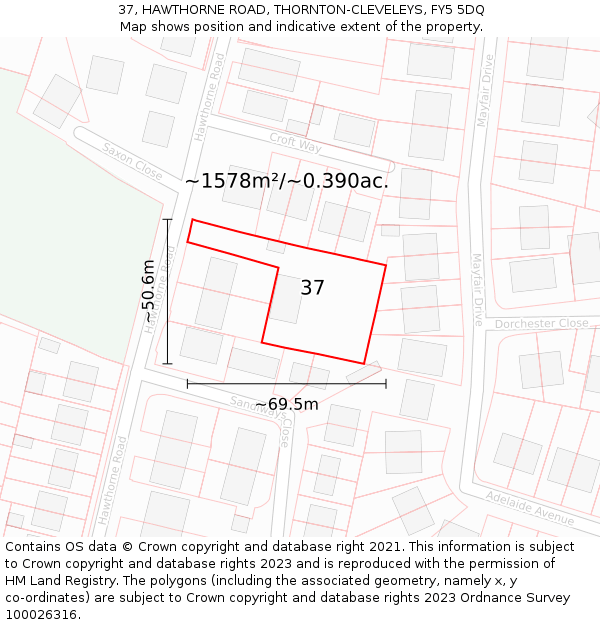 37, HAWTHORNE ROAD, THORNTON-CLEVELEYS, FY5 5DQ: Plot and title map