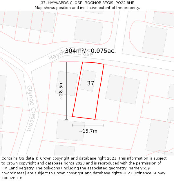 37, HAYWARDS CLOSE, BOGNOR REGIS, PO22 8HF: Plot and title map