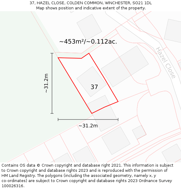 37, HAZEL CLOSE, COLDEN COMMON, WINCHESTER, SO21 1DL: Plot and title map