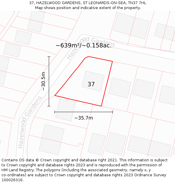 37, HAZELWOOD GARDENS, ST LEONARDS-ON-SEA, TN37 7HL: Plot and title map