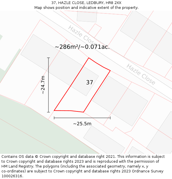 37, HAZLE CLOSE, LEDBURY, HR8 2XX: Plot and title map