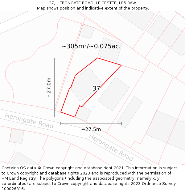 37, HERONGATE ROAD, LEICESTER, LE5 0AW: Plot and title map