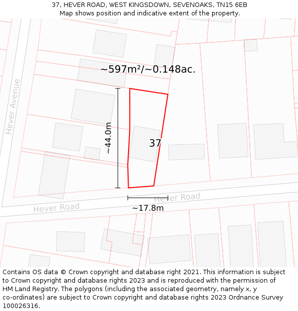 37, HEVER ROAD, WEST KINGSDOWN, SEVENOAKS, TN15 6EB: Plot and title map