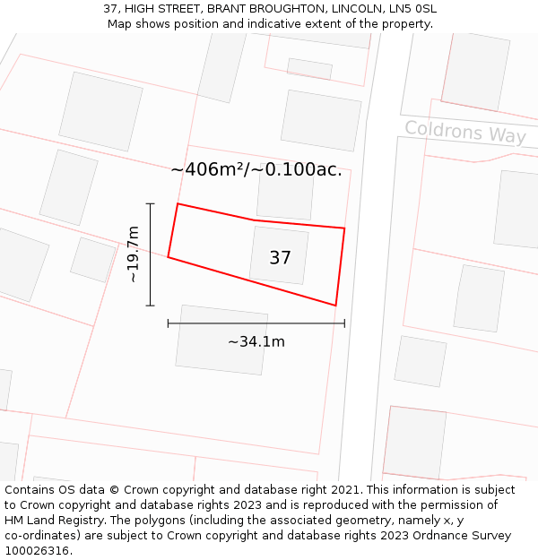 37, HIGH STREET, BRANT BROUGHTON, LINCOLN, LN5 0SL: Plot and title map