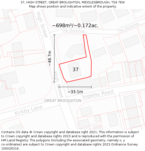 37, HIGH STREET, GREAT BROUGHTON, MIDDLESBROUGH, TS9 7EW: Plot and title map